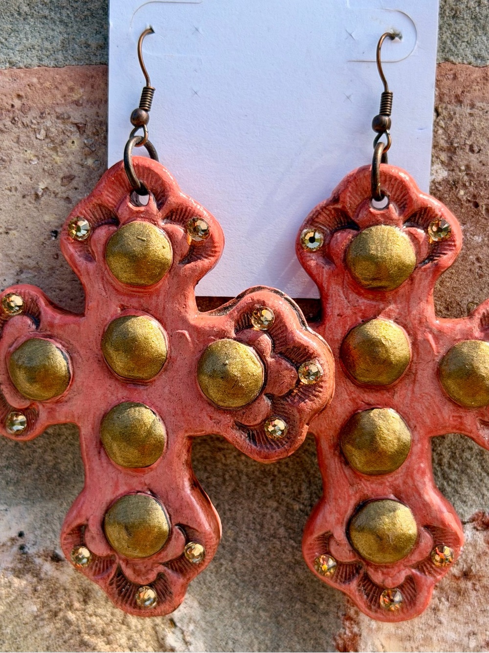 D’Vine Designs Coral Cross Drop Earrings w/ Gold Accents & rhinestones